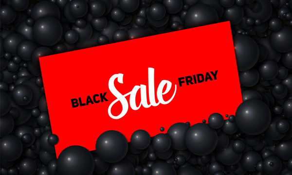 Vector Black Friday Sale illustration of red card placed in black pearls or spheres. Volumetric balls. Gift card placed in elegant shiny bubbles. Luxury sale card mockup, template.