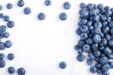 Fresh raw organic farm blueberry white background, copy space