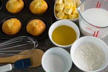 Ingredients arranged on a concrete background