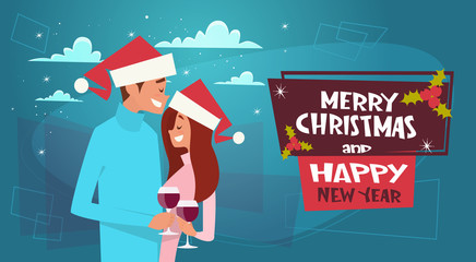Happy Couple In Santa Hats Embracing On Merry Christmas And Happy New Year Poster Flat Vector Illustration