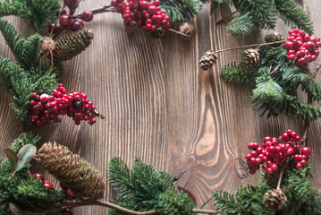 Fototapeta na wymiar Christmas decor on the wooden background
