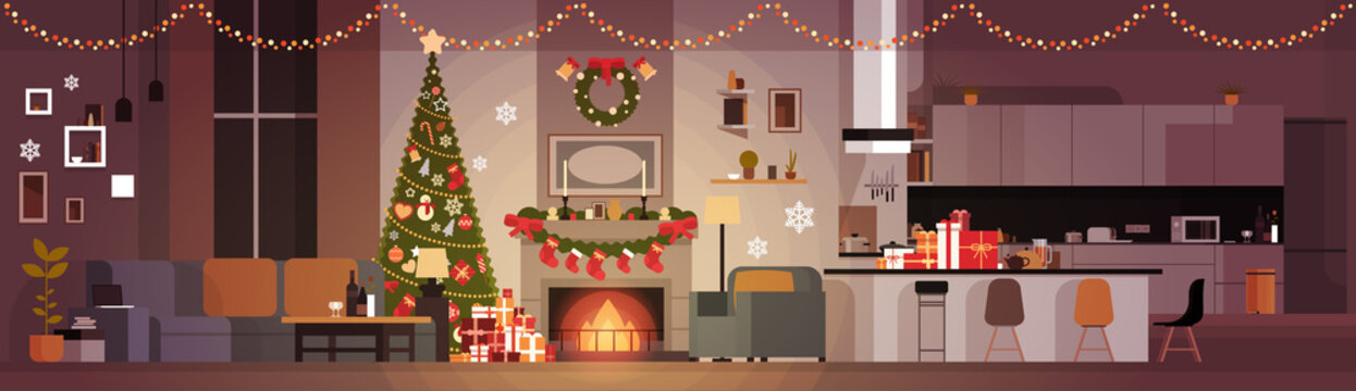 Living Room Decorated For Christmas And New Year Horizontal Banner Pine Tree , Fireplace And Garlands Holidays Home Interior Flat Vector Illustration