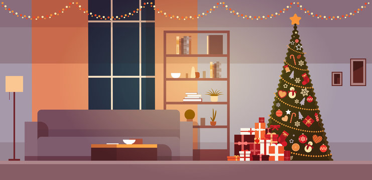 Modern Living Room With Winter Holidays Decorations Christmas Tree And Garlands Home Interior Flat Vector Illustration