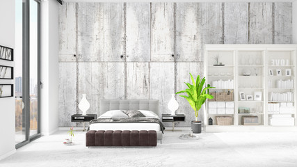 Scene with brand new interior in vogue with white rack and modern bed. 3D rendering. Horizontal arrangement.