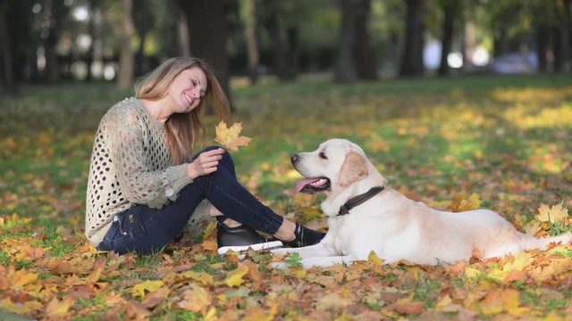 blonde playing with her labrador in autumn park
