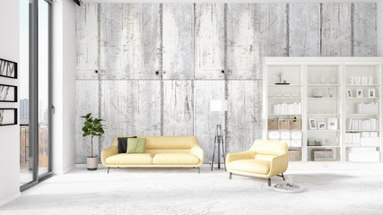 Obraz na płótnie Canvas Scene with brand new interior in vogue with white rack and yellow couch. 3D rendering. Horizontal arrangement.