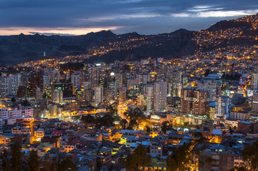 Fototapeta na wymiar View over the city center of La Paz, Bolivia at night. Cityscape of night La Paz city