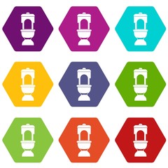 Toilet bowl icon set color hexahedron