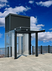 Transparent elevator. External elevator. 3d rendering