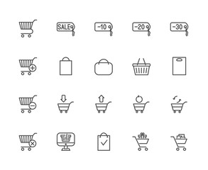 Simple Set of Shopping Cart Related Vector Line Icons. Contains such Icons as Sale, Express Checkout, Mobile Shop, Add, Refresh and more. Editable Stroke. 48x48 Pixel Perfect.