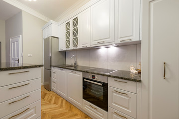 Kitchen interior in new apartment with kitchen island