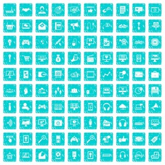 100 web and mobile icons set grunge blue