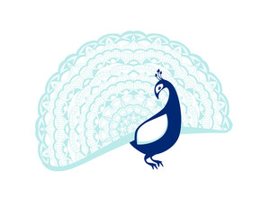 Peacock bird with patterned tail.