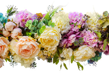 Decorative garland of artificial flowers - roses and hydrangeas. Isolated, white background.