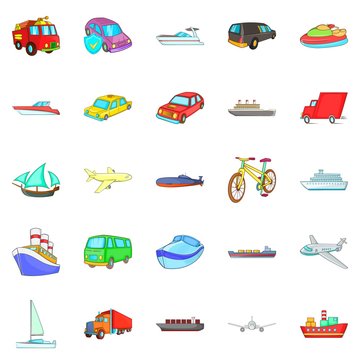 City transport icons set, cartoon style