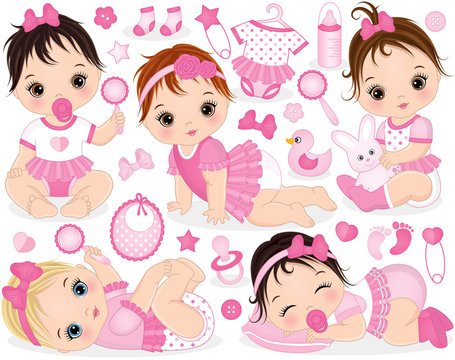 Vector Set with Cute Baby Girls, Toys and Accessories