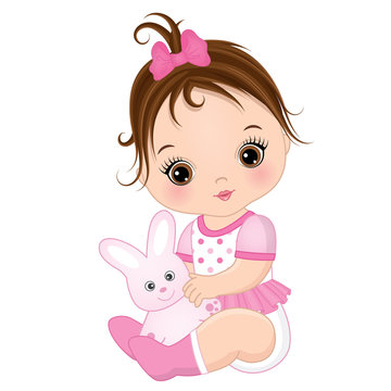 Vector Cute Baby Girl with Toy Bunny