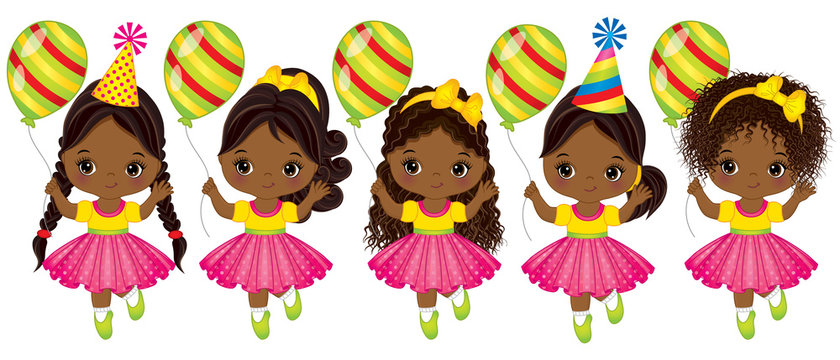 Vector Cute African American Little Girls with Balloons
