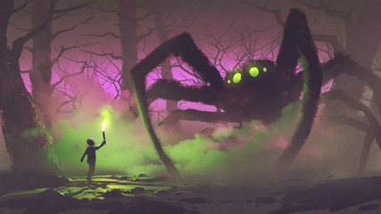 dark fantasy concept showing the boy with a torch facing giant spider in mysterious forest, digital art style, illustration painting