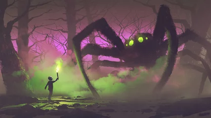 Fototapeten dark fantasy concept showing the boy with a torch facing giant spider in mysterious forest, digital art style, illustration painting © grandfailure