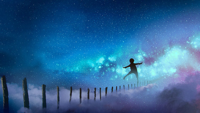 the boy balancing on wood sticks against the Milky Way with many stars, digital art style, illustration painting