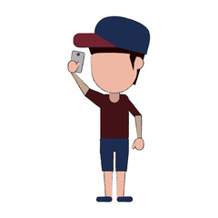 man avatar with cap using cellphone icon image vector illustration design 