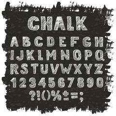 Vector hand drawn sketch alphabet, numbers and signs. Ink scratched font. Hatching white letters on school black board textured background.