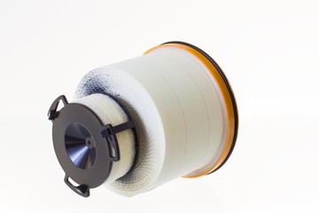 Fuel filter for a diesel engine on a gray background. Horizontal image