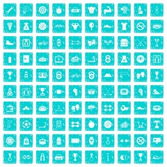 100 boxing icons set grunge blue