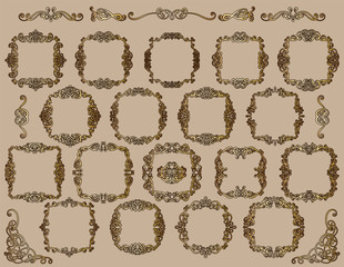 Big set of gold vintage styled calligraphic frames and flourishes, complex and exquisite decoration for invitation or greeting card
