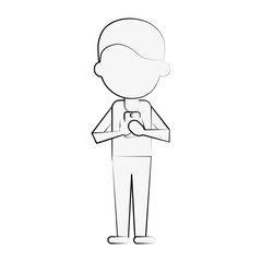 man holding cellphone avatar full body icon image vector illustration design  black sketch line