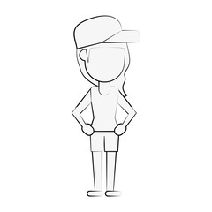 woman wearing cap with hands on hips  avatar full body icon image vector illustration design  black sketch line
