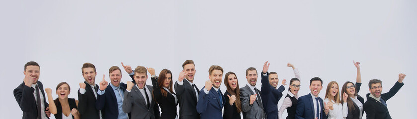 Smiling business people standing together in line in a modern of