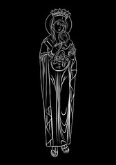 Saint Mary holding baby Jesus. Hand drawn Virgin Mary and Baby Jesus Christ nativity scene. Nativity Christmas graphics design elements. Blackwork adult flesh tattoo concept. Vector.