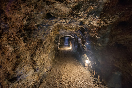 Tunnel interior in the famous mines of la Union in Murcia, Spain.