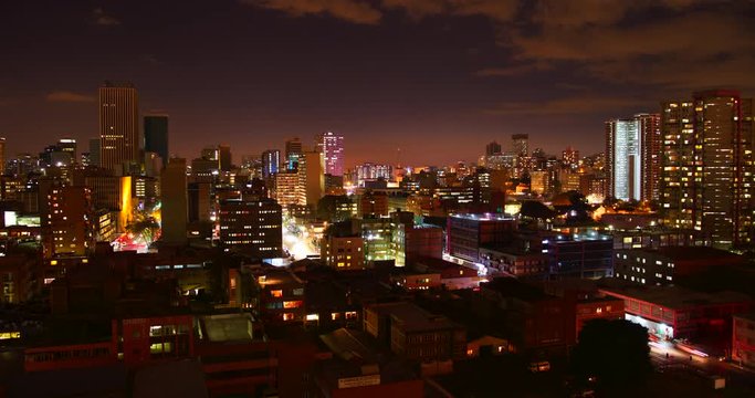 Night timelapse of Johannesburg skyline, South Africa.
