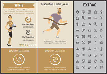 Sports infographic template, elements and icons. Infograph includes customizable graphs, charts, line icon set with sport equipment, sports field, competitive games, champion pedestal, athlete etc.
