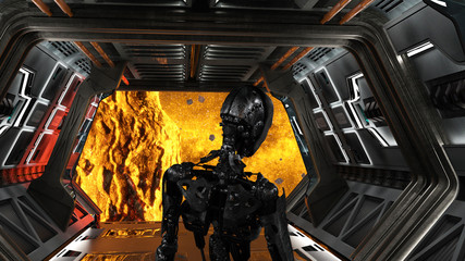 Futuristic robot in the spaceship looking the deep space © akarb