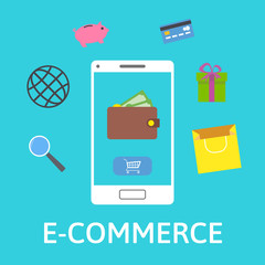 E-commerce concept. Online wallet. Smartphone with shopping icons. Online payment. Flat design vector illustration on blue background