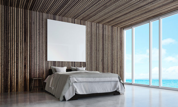 The minimal bedroom interiors design concept and wood wall texture background and sea view / 3d rendering new scene