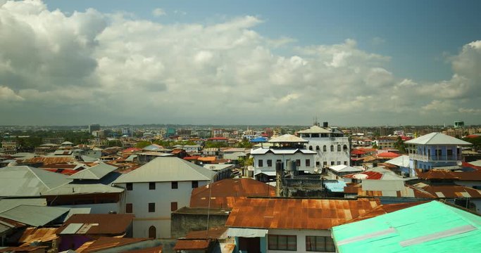 Timelapse of Stone town showing rusted roofs in Zanzibar, Africa.