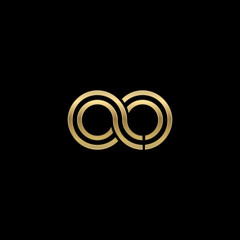 Initial lowercase letter ao, linked outline rounded logo, elegant golden color on black background