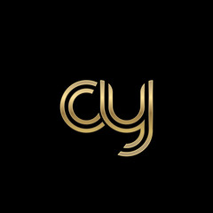 Initial lowercase letter cy, linked outline rounded logo, elegant golden color on black background