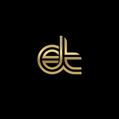 Initial lowercase letter et, linked outline rounded logo, elegant golden color on black background