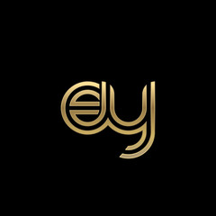 Initial lowercase letter ey, linked outline rounded logo, elegant golden color on black background