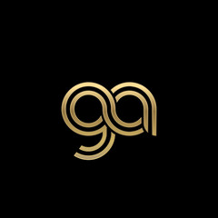 Initial lowercase letter ga, linked outline rounded logo, elegant golden color on black background - obrazy, fototapety, plakaty