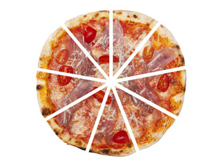 Nine pieces of pizza isolated on white background