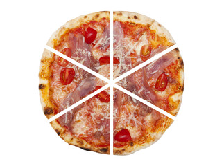 Six pieces of pizza isolated on white background