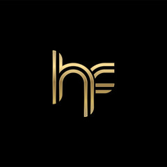 Initial lowercase letter hf, linked outline rounded logo, elegant golden color on black background