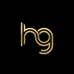 Initial lowercase letter hg, linked outline rounded logo, elegant golden color on black background